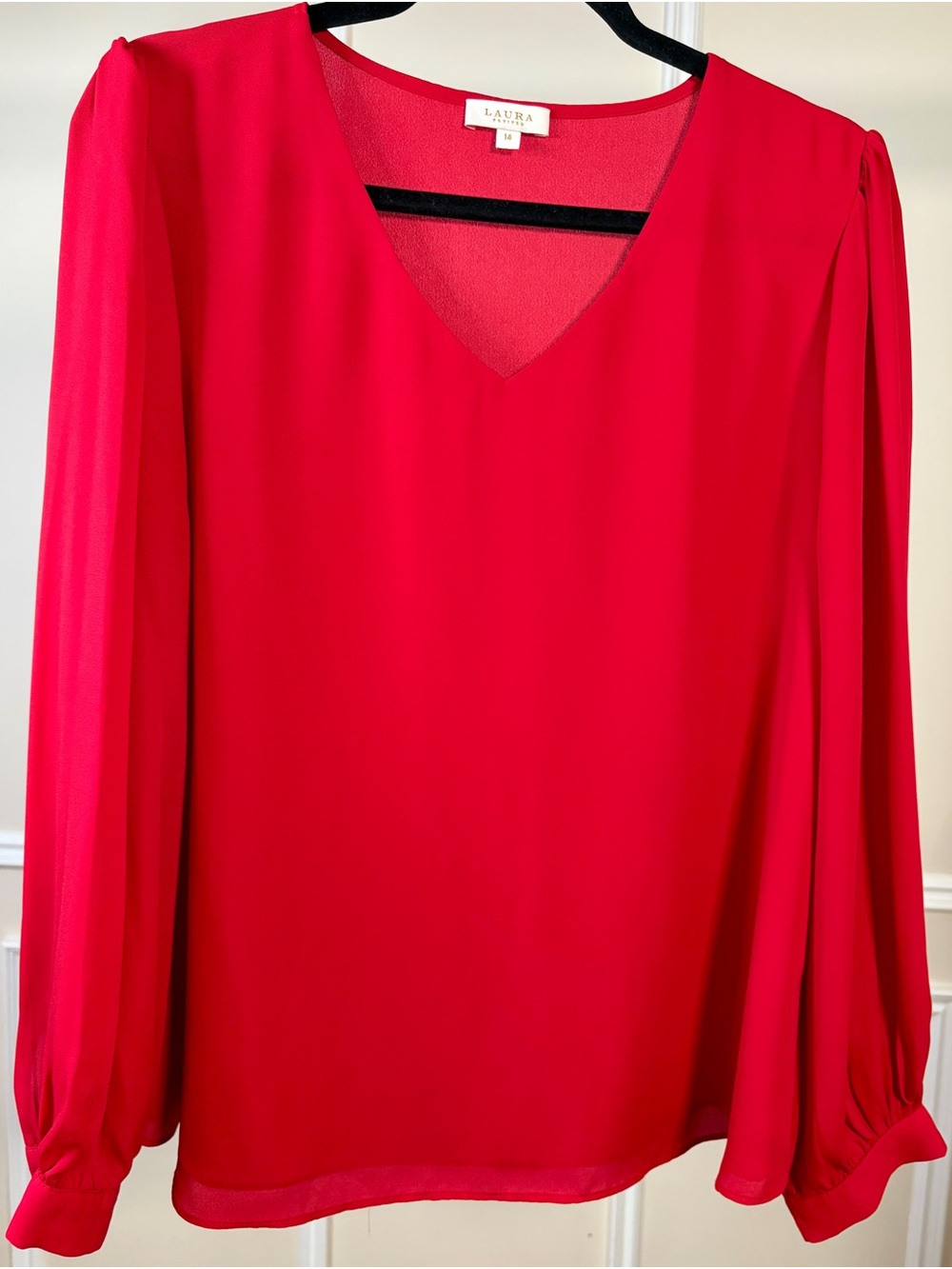 Red V-Neck Chiffon Blouse with Long Balloon Sleeves and gathered cuffs